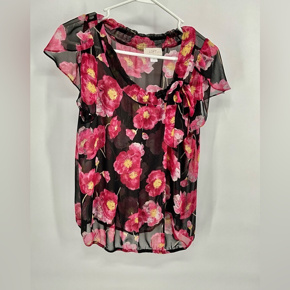 LOFT Tops - LOFT Petites Floral Sheer Top - Pink and Black LP
